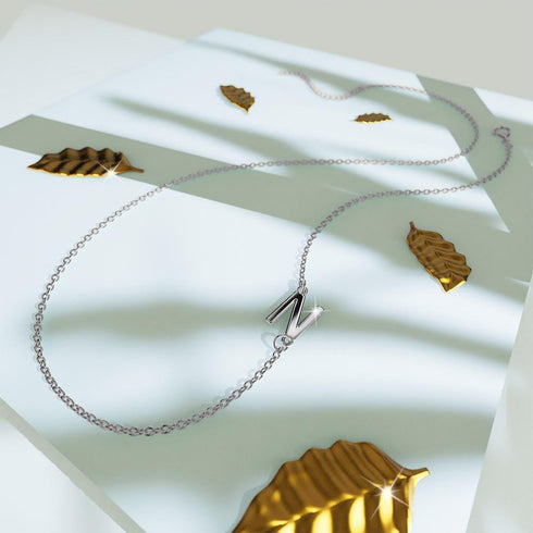 Bold Alphabet Letter Initial Charm Necklace in White Gold Tone